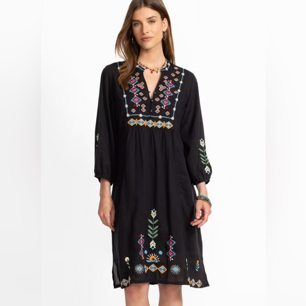 JOHNNY WAS BUTTON FRONT YOKE DRESS BLACK FLORAL EMBROIDERED SZ‎ XS